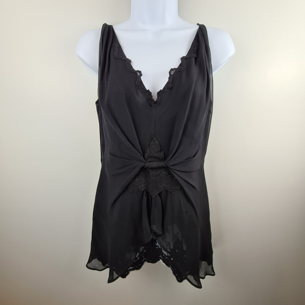 Kobi Halperin Black Lace Trim Ruched V-Neck Sleeveless Chiffon Blouse Top Small*
